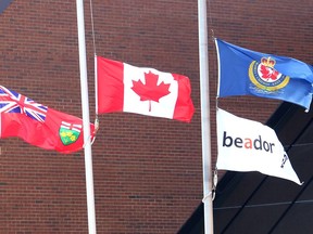 Flags are flying at half-mast at schools and government buildings across Chatham-Kent, including the at Civic Centre, seen here, in honour of Prince Philip, the Duke of Edinburgh who died on Friday April 9, 2021 at the age of 99. Ellwood Shreve/Chatham Daily News/Postmedia Network