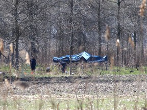 Members of the Ontario Provincial Police forensic identification unit are conducting an investigation on Walpole Island First Nation. Officers were seen here in a clearing in a wooded area meticulously scouring a section of land on Tuesday April 13, 2021. This investigation is taking place north of where human remains were found in a marshy area in the south end of the island on March 17. Ellwood Shreve/Chatham Daily News/Postmedia Network