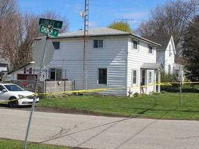 Chatham-Kent police were on scene investigating the murder of a 20-year-old Blenheim man who died from his injuries after being shot outside a home in Blenheim on around 7 p.m. April 21. Police cordoned off a house at the intersection of Church and Lumley streets. Ellwood Shreve/Chatham Daily News/Postmedia Network