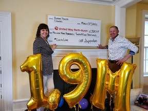 United Way Perth-Huron campaign co-chairs Kathryn and Martin Ritsma help mark the agency's fundraising success in surpassing its 2020/21 goal. Submitted