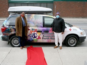 The Multicultural Association of Perth Huron (MAPH) is rolling out the red carpet for those who need free rides to and from COVID-19 vaccine clinics. Pictured are MAPH founder Dr. Geza Wordofa, left, and volunteer Hira Dhariwal. Scott Nixon