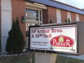 The McArthur Bros. & MacNeil Funeral Home & Chapel in Cornwall. Photo on Friday April 2, 2021, in Cornwall, Ont. Todd Hambleton/Cornwall Standard-Freeholder/Postmedia Network