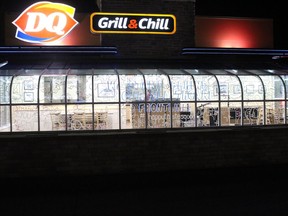 The mural, nighttime version, at Dairy Queen, which kicks off a community challenge for the next month. Photo on Wednesday, April 7, 2021, in Cornwall, Ont. Todd Hambleton/Cornwall Standard-Freeholder/Postmedia Network
