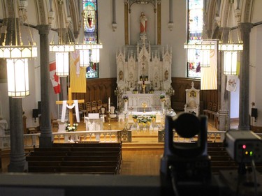 Camera equipment for daily livestreaming, on the balcony at St. Finnan's Basilica. Photo on Friday, April 9, 2021, in Alexandria, Ont. Todd Hambleton/Cornwall Standard-Freeholder/Postmedia Network