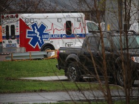 An ambulance returns to Cornwall-SDG Paramedic Services headquarters on Campbell Street in Cornwall on Friday afternoon. Photo on Friday, April 30, 2021, in Cornwall, Ont. Todd Hambleton/Cornwall Standard-Freeholder/Postmedia Network