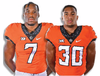 Linebacker Amen Ogbongbemiga (left) from Calgary, and Edmonton running back Chuba Hubbard -- teammates on the Oklahoma State Cowboys -- are both projected to be potential Day 3 picks in the NFL draft later this month.