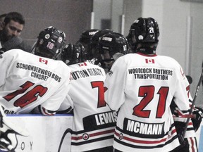 In this file photo from September 2019, Josh Keil (back, left), coach Daryl O'Connell and Tyler Pauli, give instructions to the Mitchell Hawks of the PJHL. ANDY BADER/MITCHELL ADVOCATE