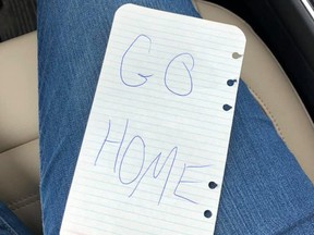 A North Bay Regional Health Centre employee made a pit stop at the grocery store and came out to find a note on her windshield that read “Go Home.” The employee has Quebec plates and lives in Temiscaming, Quebec.

Submitted