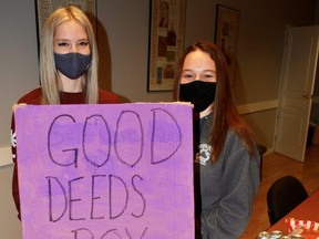 Canadian Mental Health Association Grey Bruce co-op students Lauryn Rettinger, left, and Kassie Long hold up the Good Deeds project donation box, which the organization is hoping to fill up with care kits that will be distributed to area adults who are living with serious mental health issues. DENIS LANGLOIS
