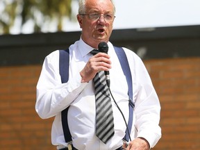 Independent MPP Randy Hillier speaks at an anti-lockdown protest at Tecumseh Park in Chatham, Ont., on Monday, April 26, 2021.