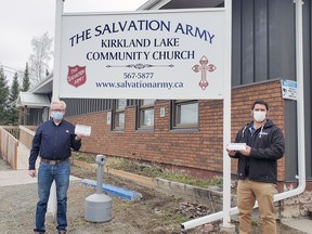 Lakeshore Motors recently donated a number of masks to the Kirkland Lake Salvation Army. In the photo are (left) Chaplain Robbie Donaldson and the Marketing Coordinator/BDC Manager for Lakeshore Motors, Joel Renaud.