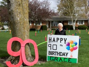 The Cassidy Road area of North Middlesex celebrated the 90th birthday of Grace Robinson on April 15. Robinson has lived in the area her whole life, having been raised on the family farm just two properties north of her current home at Cassidy and McGillivray. A surprise drive-by parade was planned but eventually cancelled due to the increased provincial pandemic lockdowns.