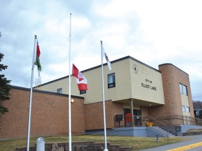 Photo by KEVIN McSHEFFREY/THE STANDARD
The Canadian flag at Elliot Lake City Hall as the community pays its respects to the Royal Family on the death of Prince Philip on April 9. Prince Philip, who was officially known as the Duke of Edinburgh, was married to Her Majesty Queen Elizabeth II for 73 years. Prince Philip was 99 years old. His funeral will be on Saturday, April 17. It will be a private affair with only 30 people in attendance.
