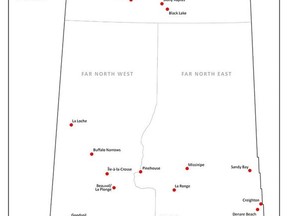 An image from the SHA showing the site of COVID-19 clinics around northern Saskatchewan.