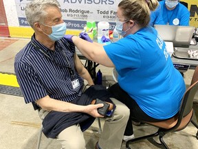 Dr. Robert Cushman, acting medical officer of health for the RCDHU, received his first dose of AstraZeneca COVID-19 vaccine at a clinic at the Pembroke Memorial Centre April 15.