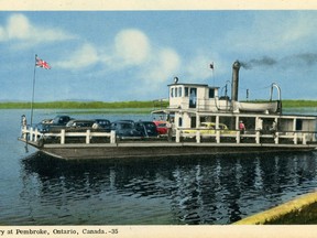 A postcard of the SS Pontiac near the shoreline at the Pembroke waterfront.