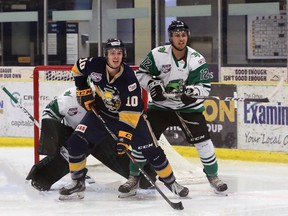 The Spruce Grove Saints dropped a 4-1 decision in Game 3 of the cohort series against the Drayton Valley Thunder Friday night at the Omniplex in Drayton Valley. The Saints and Thunder will wrap up the four game series Saturday night (April 24) at the Grant Fuhr Arena. Puck drop is 7:00 p.m. Photo by David Ross