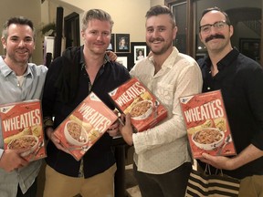 Former Stratford Festival actor David Phillips, second from left, produced award-winning movie Eat Wheaties!, which comes out April 30. Also pictured are, from left: Director Scott Abramovitch, executive producer Daniel Norris Webb, and star Tony Hale.