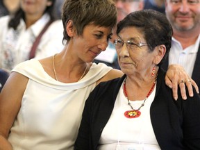 Algoma University president Asima Vezina embraces Shirley Roach at the launch of Reclaiming Shingwauk Hall at Arthur A. Wishart Library in August 2018. BRIAN KELLY