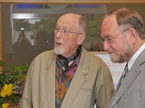 Christopher Wallis (left) and Charlie Fairbank at the unveiling of Heritage Windows at Victoria Hall in Petrolia, in May 2011. Submitted
