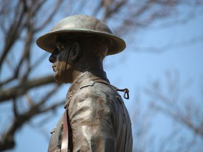 Sarnia police are investigating damage to the statue on the Cenotaph in the city's Veterans Park. A copper rifle has been removed from the bronze statue of a soldier.
Paul Morden/The Observer