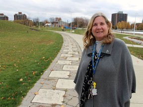 Georgette Parsons stands next to the Footsteps, Tribute to Courage project in Sarnia's Centennial Park. She retired in 2020 as chairperson of the Sexual Assault Survivors' Centre board after 25 years of service and recently was named a recipient of the Ontario Attorney General Victim Services Award of Distinction.