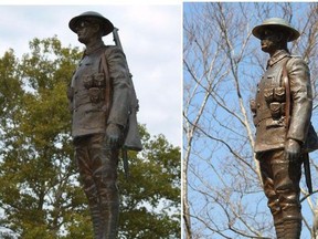 Sarnia police are investigating vandalism to a soldier's statue atop the cenotaph in Veterans Park. A rifle was pried off the statue, an act a police spokesperson said is similar to vandalizing graves in a cemetery. The photo on the left shows the soldier with the rifle, the photo on the right shows what the statue looks like now. (Sarnia police, Paul Morden/Postmedia News)