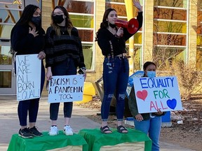 Students at Memorial Composite High School in Stony Plain took part in a short, peaceful walkout to take a stand against the acceptance of racism.