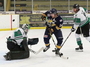 The Spruce Grove Saints picked up a pair of 4-3 victories last weekend in the first two games of the cohort series against the Drayton Valley Thunder. Photo by David Ross