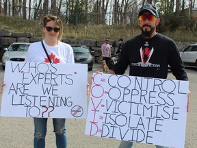 Garrett and Candice Readings of Simcoe were among several hundred protesters at a No More Lockdowns rally held Saturday, April 10 in Simcoe.