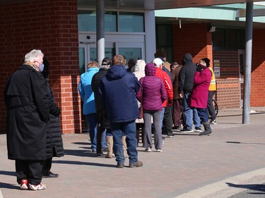 Community members attend a vaccination clinic at the Gerry McCrory Countryside Sports Complex in Sudbury, Ont. on Thursday April 1, 2021. John Lappa/Sudbury Star/Postmedia Network