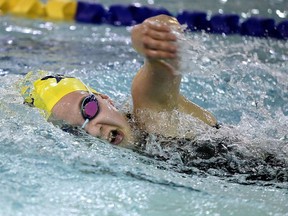 Bella Mastroianni of the Sudbury Laurentian Swim Club takes part in the girls 13 and over 400 meter freestyle event at the SLSC Spring Invitational at the Jeno Tihanyi Olympic Gold Pool at Laurentian University in 2017.