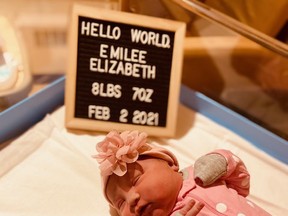 A girl, Emilee Elizabeth Peltier, 8 lbs 7 oz, was born by c-section to Joanie and Sherman Peltier of Sudbury on Feb. 2.