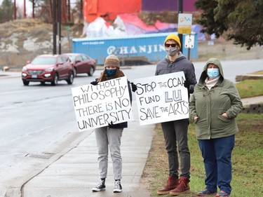 Protesters take part in a rally to fight Laurentian University program closures in Sudbury, Ont. on Friday April 16, 2021. John Lappa/Sudbury Star/Postmedia Network