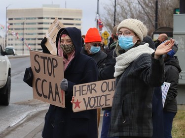 Protesters take part in a rally to fight Laurentian University program closures in Sudbury, Ont. on Friday April 16, 2021. John Lappa/Sudbury Star/Postmedia Network