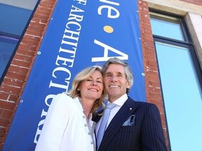 Rob and Cheryl McEwen unveil the new signage after announcing their investment of  $10 million in Laurentian University's School of Architecture in Sudbury, Ont. on Wednesday June 29, 2016. The school will now be known as The McEwen School of Architecture. Gino Donato