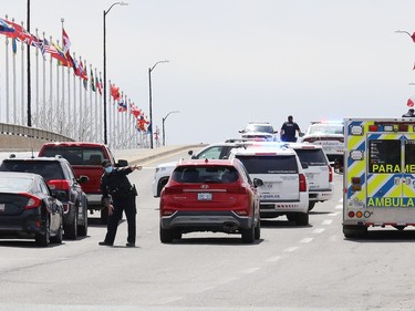 Greater Sudbury Police closed off the Bridge of Nations in Sudbury, Ont. for a short time on Thursday April 29, 2021, while officers de-escalated a situation with a man in emotional distress. The individual was later taken to hospital. John Lappa/Sudbury Star/Postmedia Network