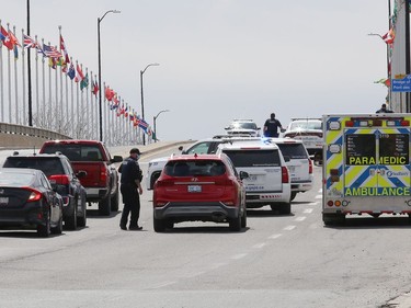 Greater Sudbury Police closed off the Bridge of Nations in Sudbury, Ont. for a short time on Thursday April 29, 2021, while officers de-escalated a situation with a man in emotional distress. The individual was later taken to hospital. John Lappa/Sudbury Star/Postmedia Network