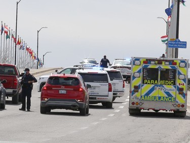 Greater Sudbury Police closed off the Bridge of Nations in Sudbury, Ont. for a short time on Thursday April 29, 2021, while officers de-escalated a situation with a man in emotional distress. The individual was later taken to hospital. John Lappa/Sudbury Star/Postmedia Network