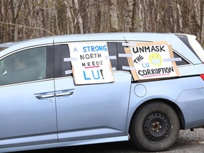 Protesters took part in a car rally to fight Laurentian University program closures in Sudbury, Ont. on Friday April 30, 2021. John Lappa/Sudbury Star/Postmedia Network