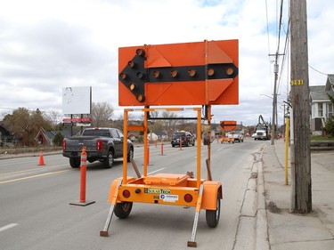 Repairs to water service closed both west bound lanes on Lorne Street, from Haig to Edna Streets in Sudbury, Ont. on Friday April 30, 2021. John Lappa/Sudbury Star/Postmedia Network