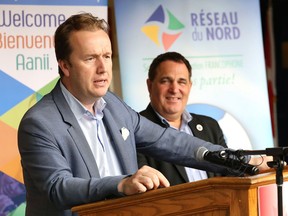 Sudbury MP Paul Lefebvre, left, makes a point as Nickel Belt MP Marc Serre looks on in this file photo. The MPs spoke to the Greater Sudbury Chamber of Commerce virtually on Tuesday about the new federal budget. John Lappa/Sudbury Star/Postmedia Network