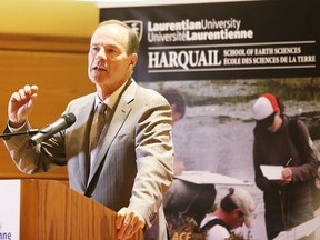 David Harquail, president and chief executive officer of Franco Nevada, addresses the crowd at a Laurentian University press conference  in Sudbury in this file photo. Harquail announced his family foundation is investing $10 million in Laurentian University's Department of Earth Sciences and its Mineral Exploration Research Centre (MERC). Ken Coates writes Canada needs to get in on the hunt for strategic minerals. Gino Donato