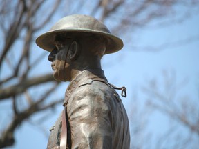 Sarnia police are investigating damage to the statue on the Cenotaph in the city's Veterans Park. A copper rifle has been removed from the bronze statue of a soldier. Paul Morden/Postmedia Network