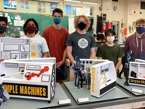 Northern Collegiate Grade 12 design and technology students stand with scale models of displays designed for the Oil Museum of Canada. From left to right: Ketan Vashisht, Om Patel, Anthony Smith, Reid Robinson, Michael Atanasov, and Brett Howard. Handout/Sarnia This Week