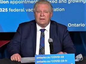 In a briefing Wednesday, Premier Doug Ford declared a stay-at-home state of emergency across Ontario advising people to remain in their homes to quell a rising caseload of COVID-19 cases in a third wave of the pandemic.

Screenshot