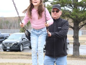 Marty Wessman took his granddaughter Bella Morandin, 9, for a swing at the playground in Hollinger Park as they took advantage of the mild temperature on Tuesday morning. 

RICHA BHOSALE/The Daily Press