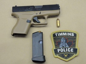 A loaded 9 mm Glock prohibited handgun were among the items seized by officers after police executed drug search warrants at two Timmins residences on Thursday. Four people were arrested and are being held in custody.

Supplied