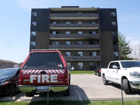 An apartment fire at 148 Concession Street East, Tillsonburg, Sunday night displaced its residents. The fire was limited to one apartment, however due to suppression efforts there was some damage to the third floor, with water accumulating on the first and second floors. (Chris Abbott/Norfolk and Tillsonburg News)