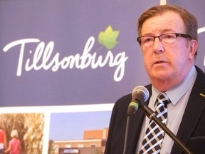 Tillsonburg Mayor Stephen Molnar speaks at the Tillsonburg District Chamber of Commerce Breakfast with the Mayor event at the Carriage Hall in Tillsonburg on March 19. (Chris Abbott/Tillsonburg News)